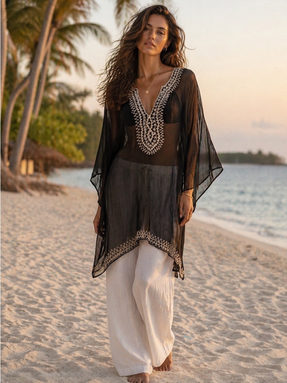 Clubz Collection Boho Sheer Black Embroidered Tunic Beach Cover Up V Neck L